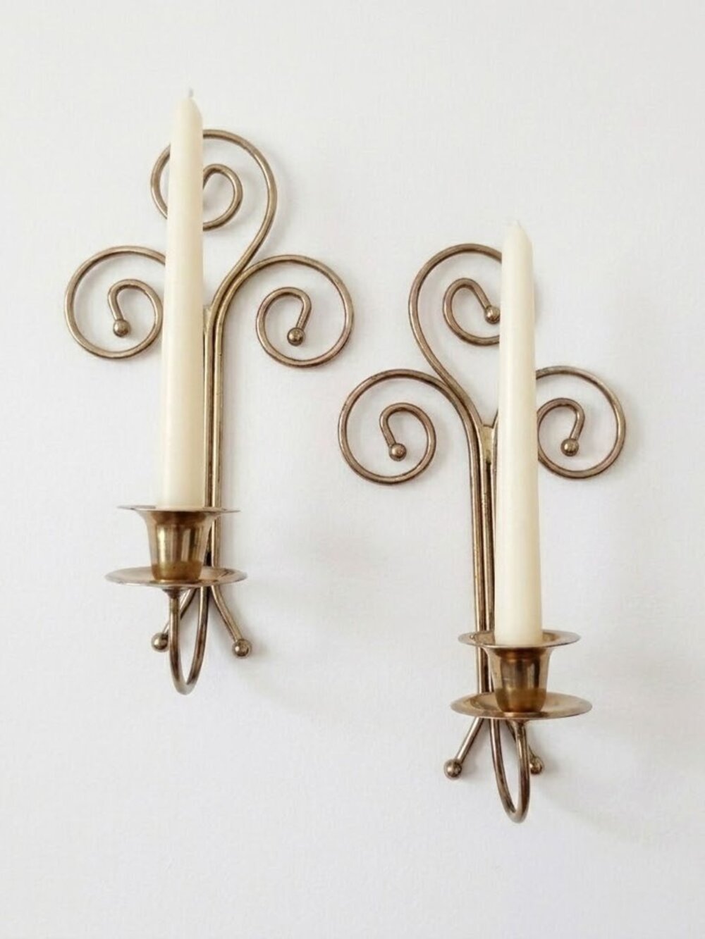 Vintage Home Interiors Brass Plated Wall Sconces Cascading Curls Taper Set of 2